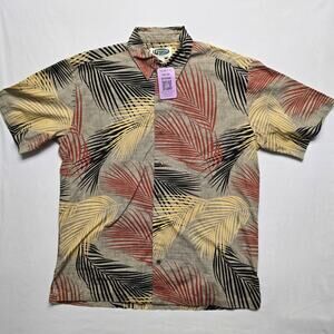 Hawaiian Islands Shirt Large  Brown Palm Tree Leaf Print Tropical Button Up